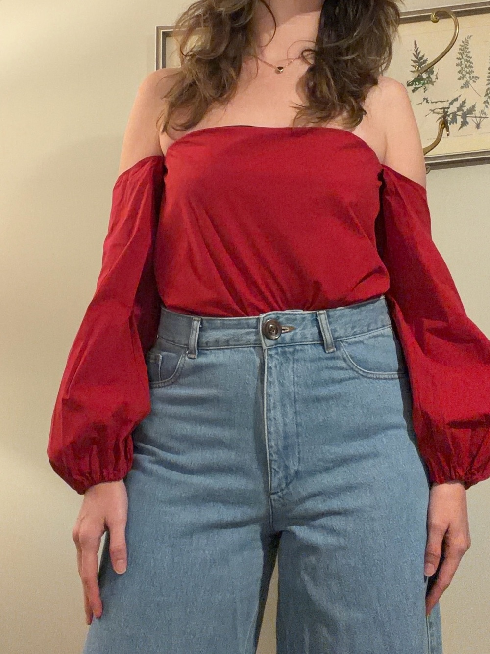 Theory Laureema Red Off-Shoulder Balloon Sleeve Blouse Size 8